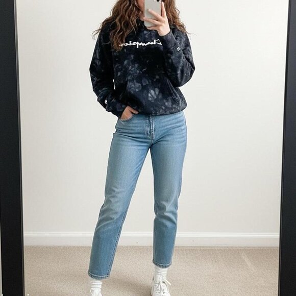 Champion Hooded Sweatshirt Black Tie-Dye Y2K Grunge Style - Picture 1 of 2